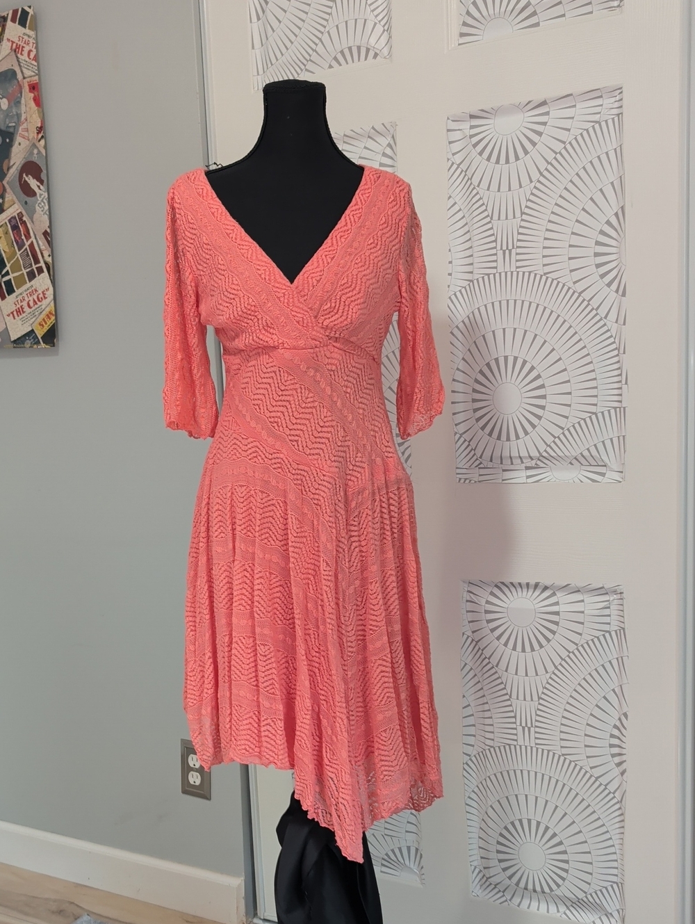 Coral Lace High-Low V-Neck Dress